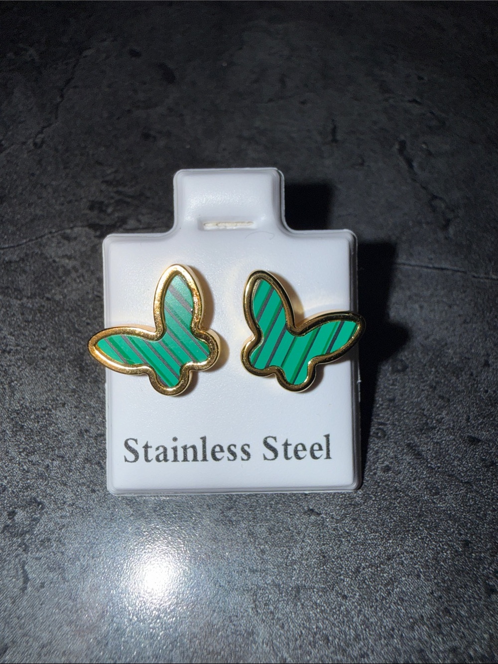 Gold-Tone Green Striped Butterfly Stud Earrings